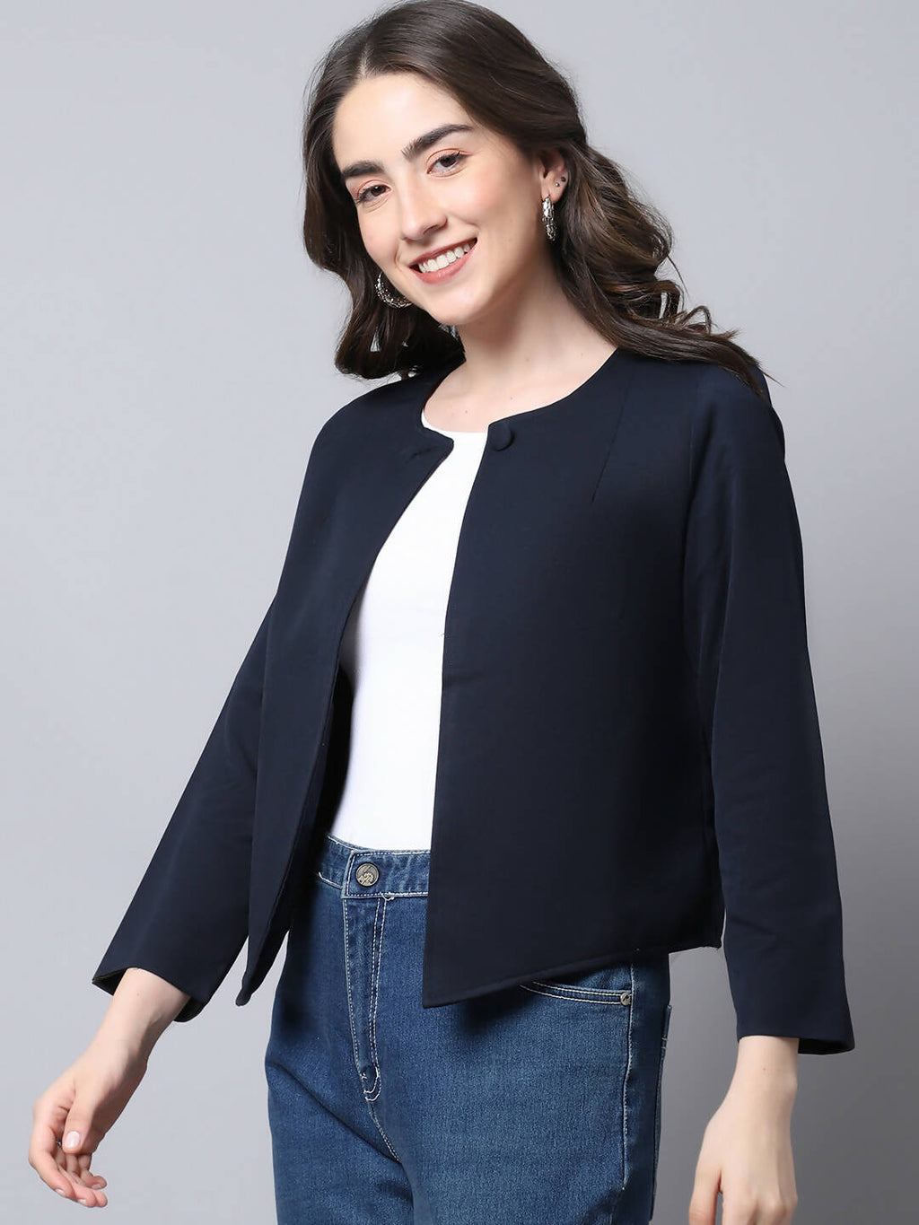 Even Apparels Navy Polywool Open Front Statement Women's Jacket | Grocsy
