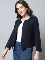 Even Apparels Navy Polywool Open Front Statement Women's Jacket | Grocsy