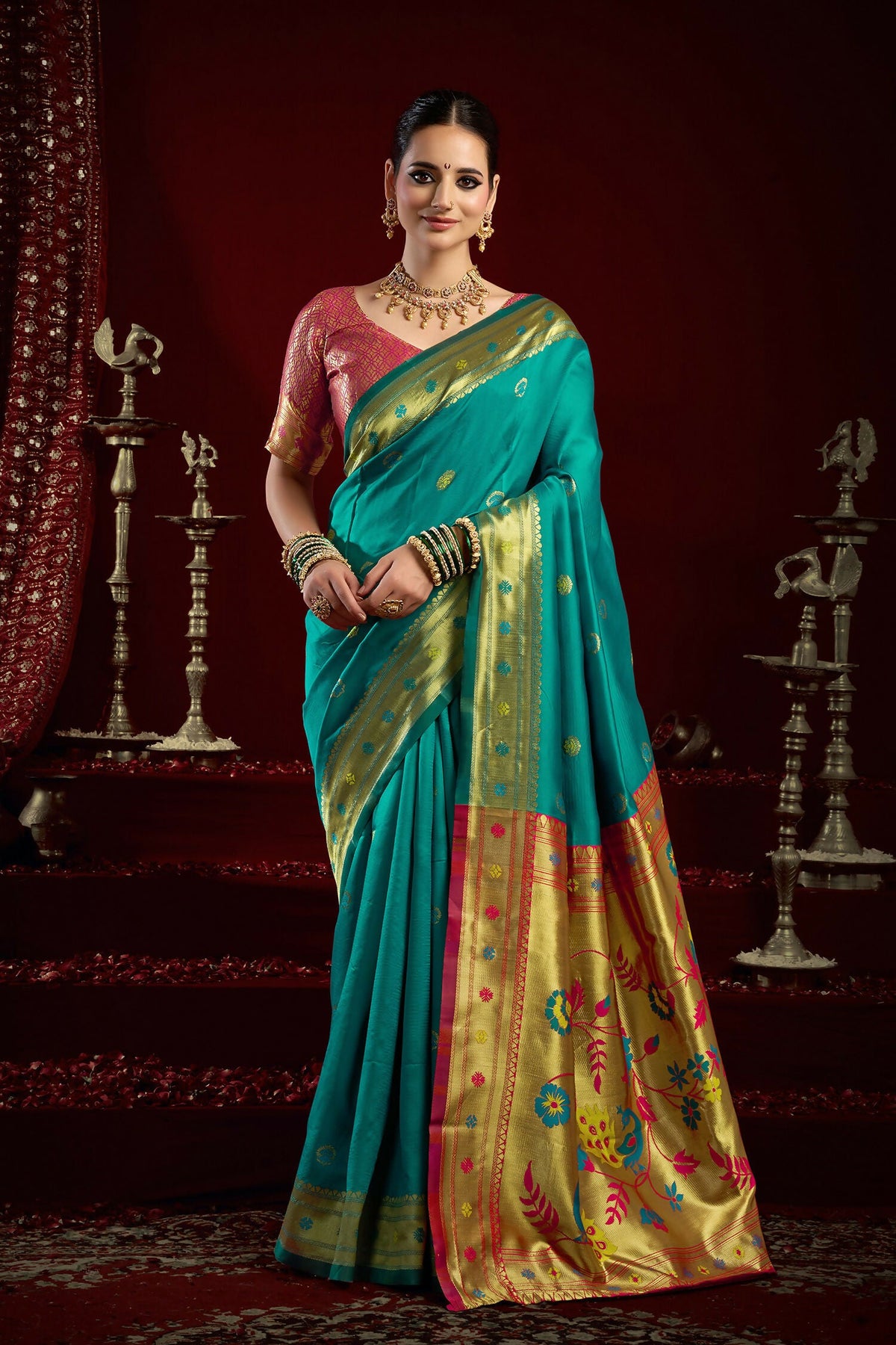 Joban Fashion Aqua Blue Paithani Silk Blend Butti Saree | Grocsy