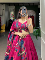 Vastranavya Polyester Viscose Chanderi Lehenga Choli With Intricate Print And Dupatta - Pink | Grocsy
