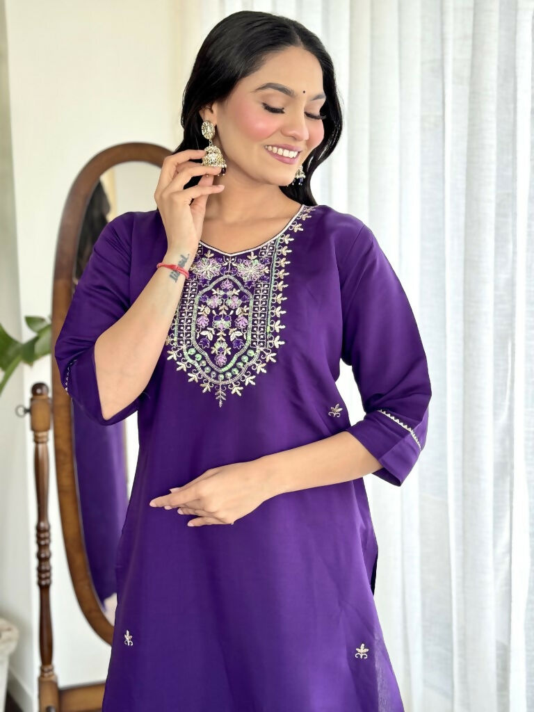 Blue Viscose Chanderi Stitched Suit With Dupatta - Tanisha | Grocsy
