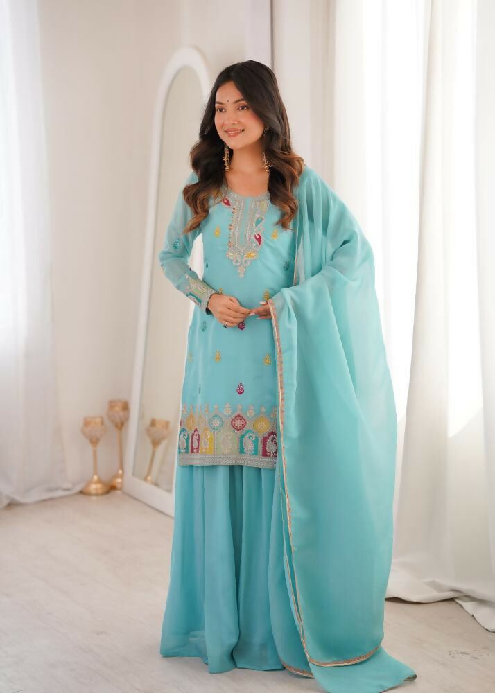 Lehenga Mart Designer Sharara Suit With Kurta, Sharara, Dupatta For Women-Sky Blue | Grocsy