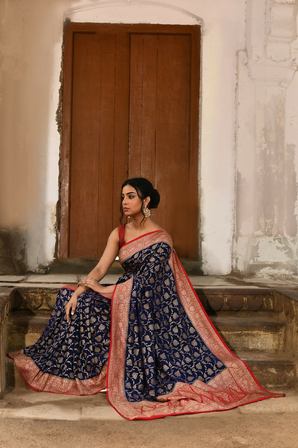 Joban Fashion Navy Blue Crepe Chiffon Pure Handloom Banarasi Silk Saree | Grocsy