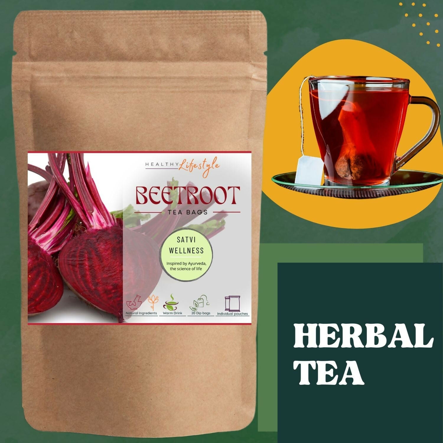 Satvi Wellness Beetroot Tea | Beetroot Tea Bags | Herbal Tea | Grocsy