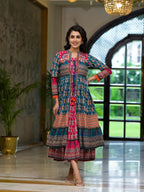 Juniper Women's Teal Ethnic Motif Printed Cotton Dress With Coins Thread & Mirror Work | Grocsy