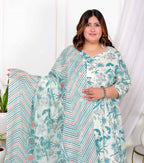 Miravan Women's Plus Size Light Green Cotton Birds And Leaf Floral Printed And Lace Border Details Anarkali Kurta And Dupatta Set | Grocsy