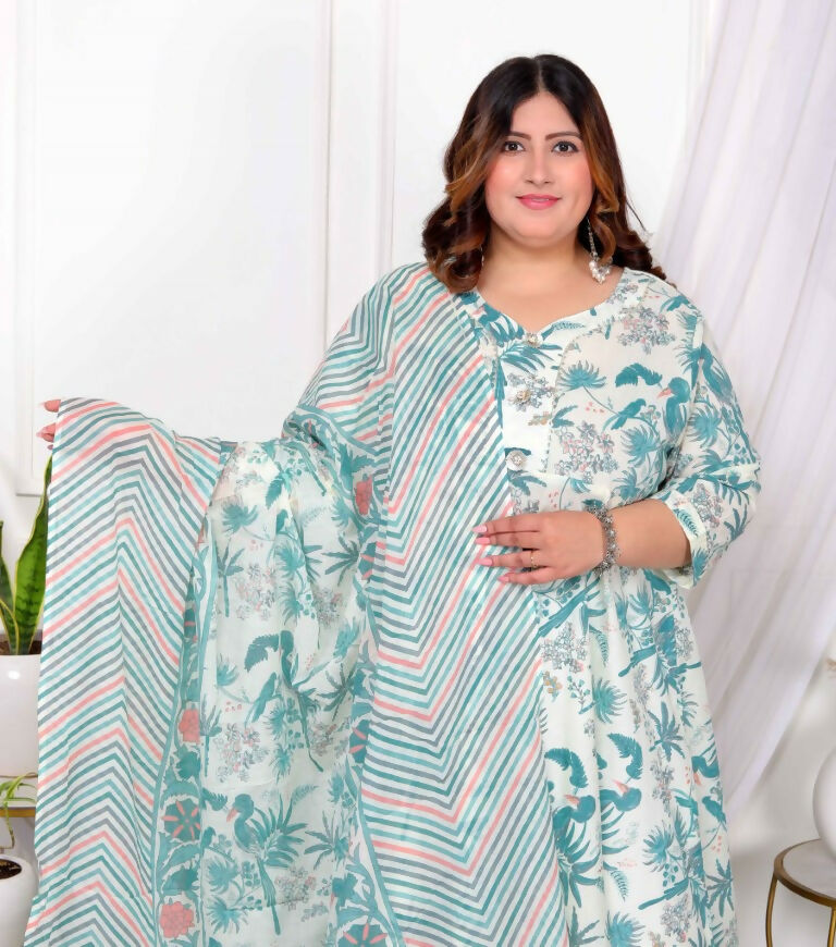 Miravan Women's Plus Size Light Green Cotton Birds And Leaf Floral Printed And Lace Border Details Anarkali Kurta And Dupatta Set | Grocsy