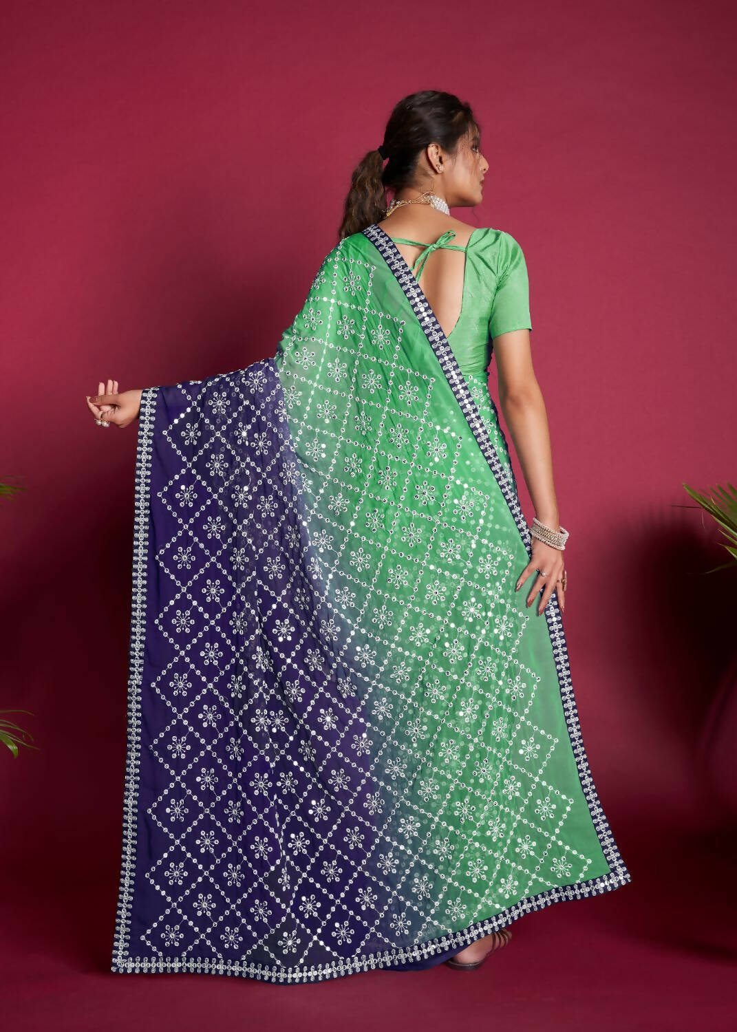 Vamsee Green And Blue Georgette Designer Saree | Grocsy