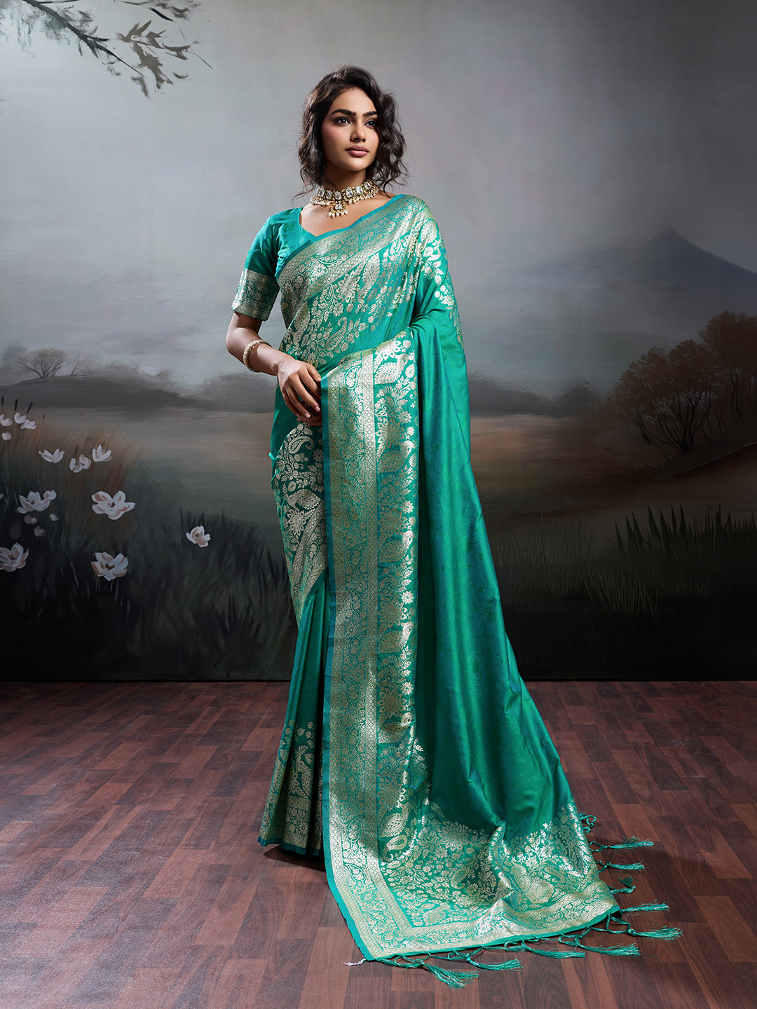 Anaita Turquoise Silk Blend Woven Saree With Blouse | Grocsy