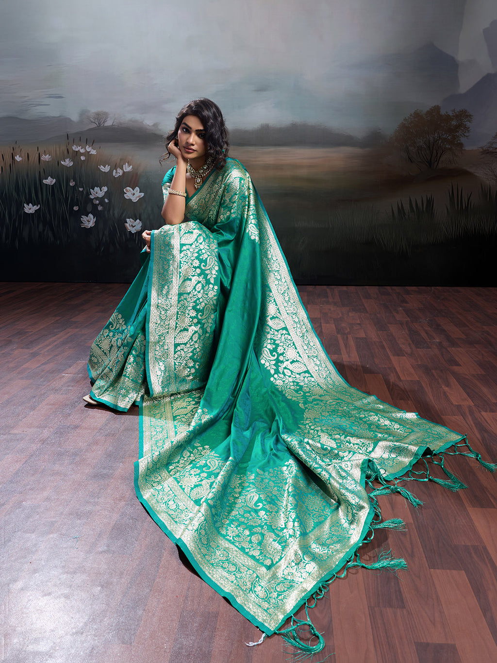 Anaita Turquoise Silk Blend Woven Saree With Blouse | Grocsy