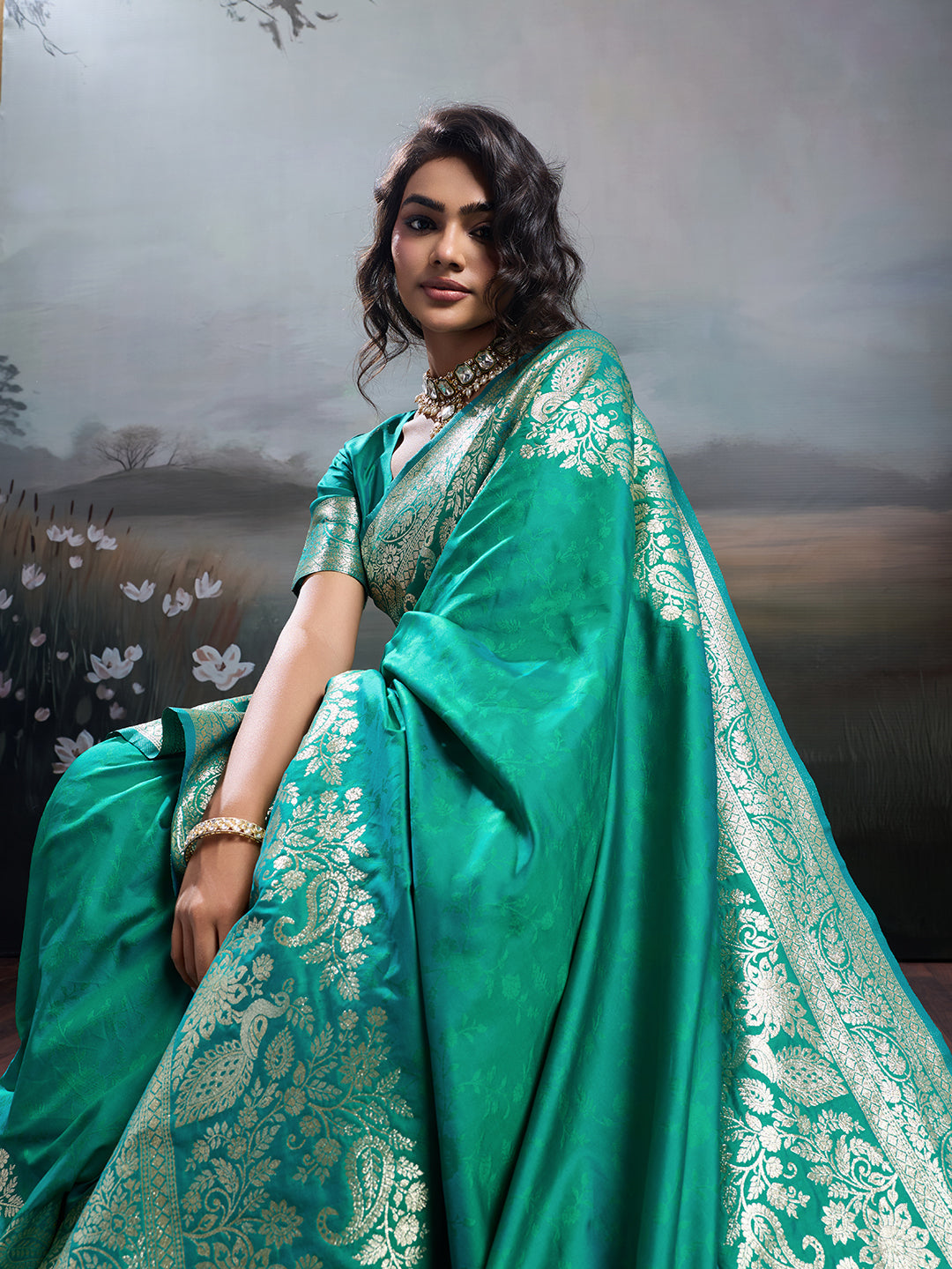 Anaita Turquoise Silk Blend Woven Saree With Blouse | Grocsy