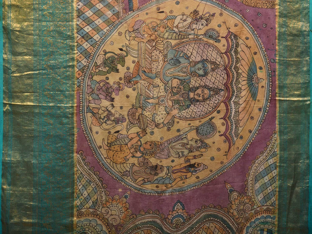 Turquoise and Burgundy Kalamkari Hand Painted Kanchipuram Silk Handloom Saree with Ramayan Theme Design - Global Threads | Grocsy