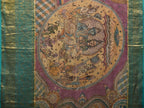 Turquoise and Burgundy Kalamkari Hand Painted Kanchipuram Silk Handloom Saree with Ramayan Theme Design - Global Threads | Grocsy