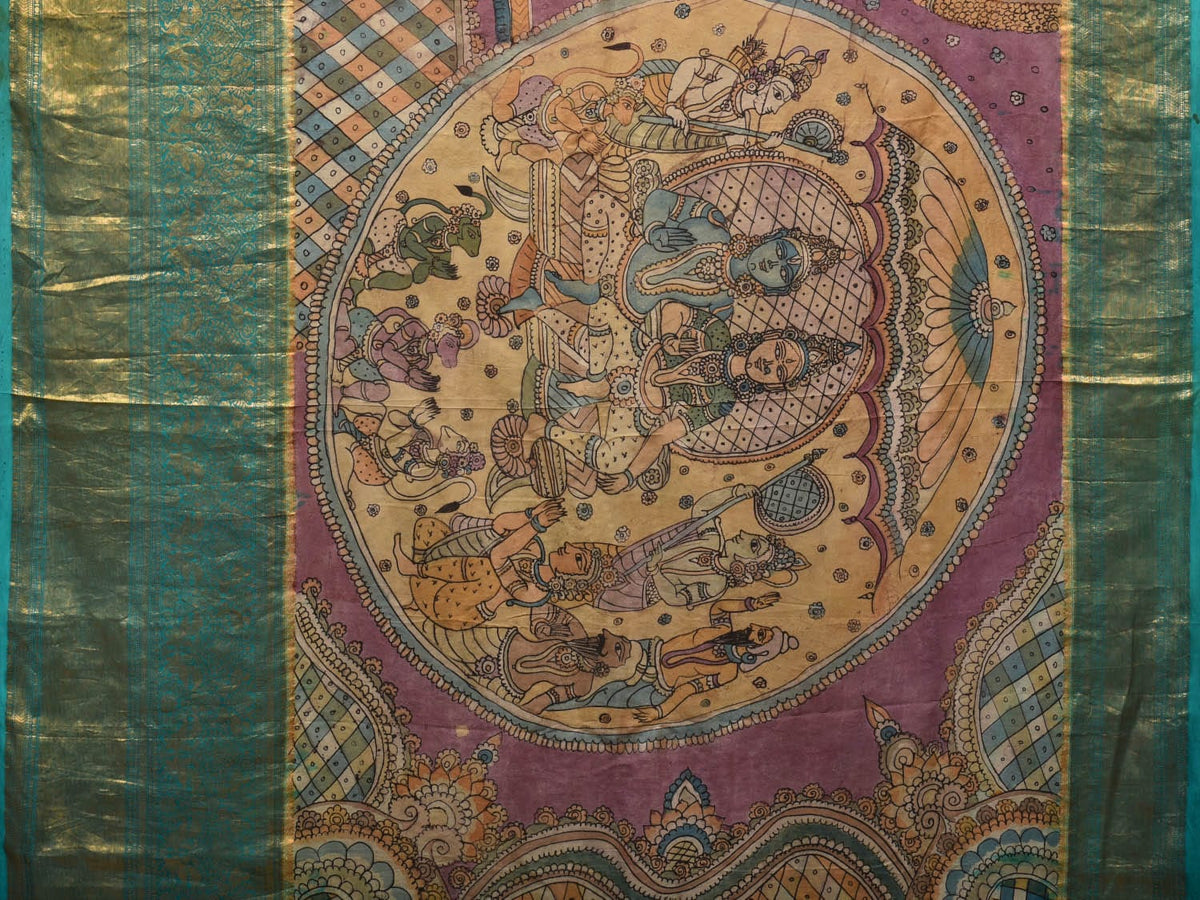 Turquoise and Burgundy Kalamkari Hand Painted Kanchipuram Silk Handloom Saree with Ramayan Theme Design - Global Threads | Grocsy