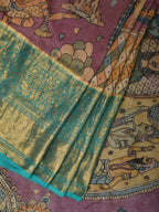 Turquoise and Burgundy Kalamkari Hand Painted Kanchipuram Silk Handloom Saree with Ramayan Theme Design - Global Threads | Grocsy