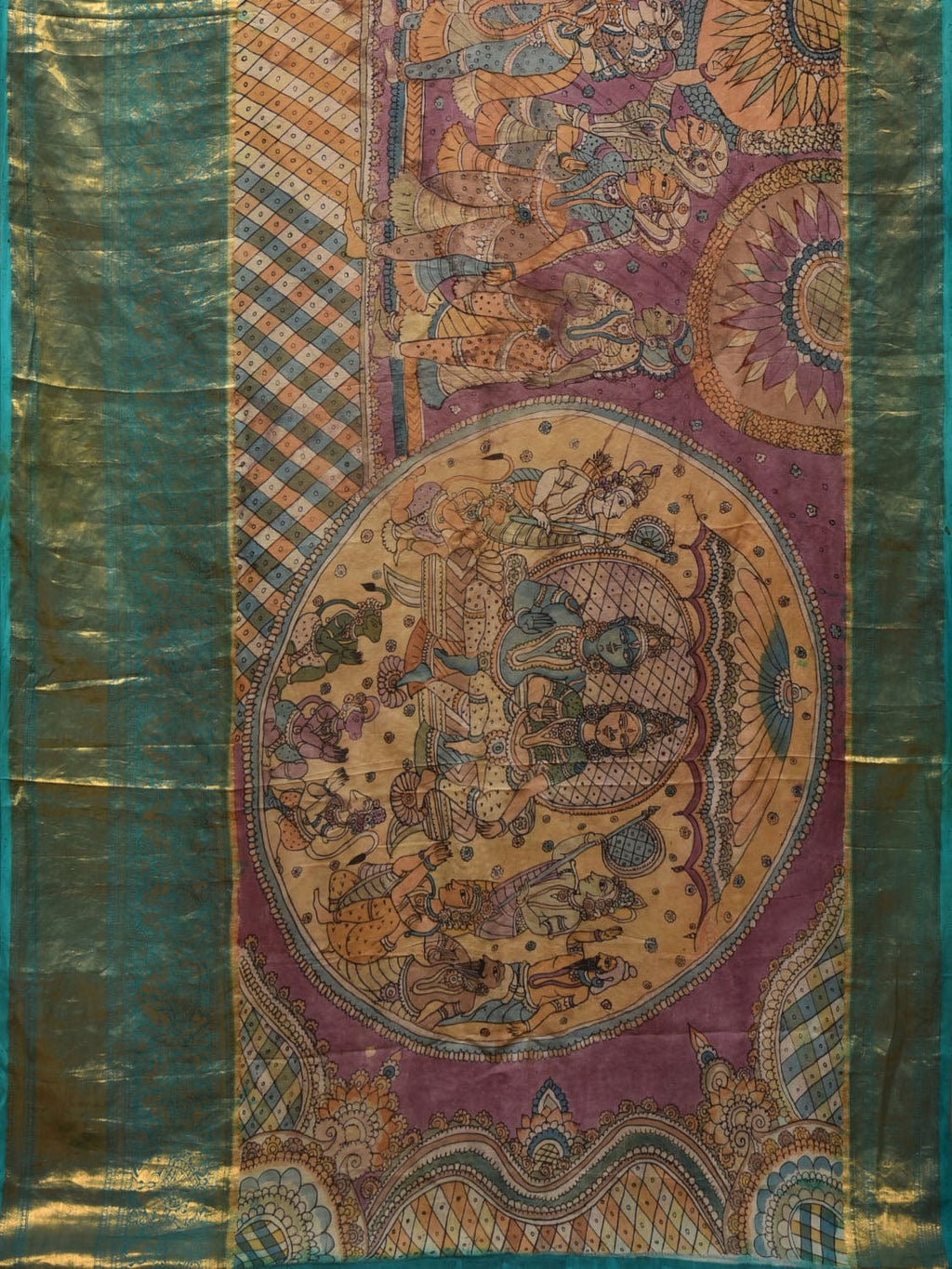 Turquoise and Burgundy Kalamkari Hand Painted Kanchipuram Silk Handloom Saree with Ramayan Theme Design - Global Threads | Grocsy