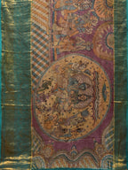 Turquoise and Burgundy Kalamkari Hand Painted Kanchipuram Silk Handloom Saree with Ramayan Theme Design - Global Threads | Grocsy