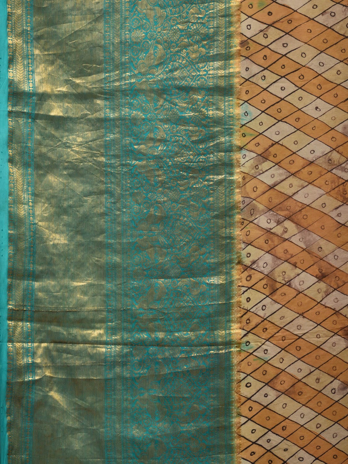 Turquoise and Burgundy Kalamkari Hand Painted Kanchipuram Silk Handloom Saree with Ramayan Theme Design - Global Threads | Grocsy