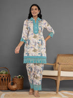 Yufta Turquoise Blue Cotton Schiffli Co-Ord Set With Lace | Grocsy