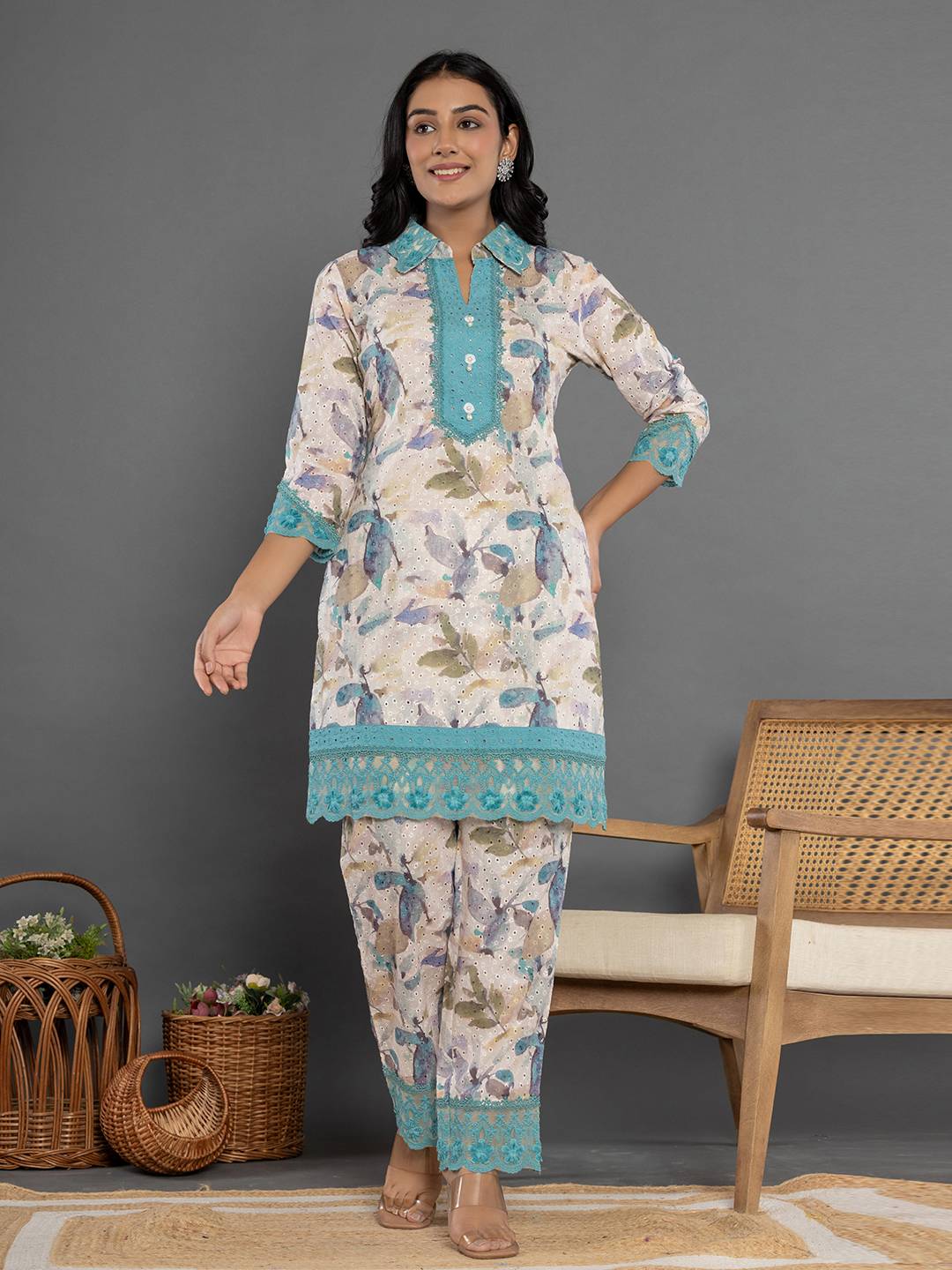 Yufta Turquoise Blue Cotton Schiffli Co-Ord Set With Lace | Grocsy
