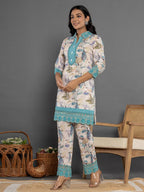 Yufta Turquoise Blue Cotton Schiffli Co-Ord Set With Lace | Grocsy