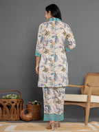 Yufta Turquoise Blue Cotton Schiffli Co-Ord Set With Lace | Grocsy