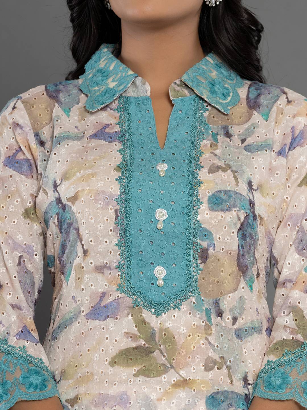 Yufta Turquoise Blue Cotton Schiffli Co-Ord Set With Lace | Grocsy