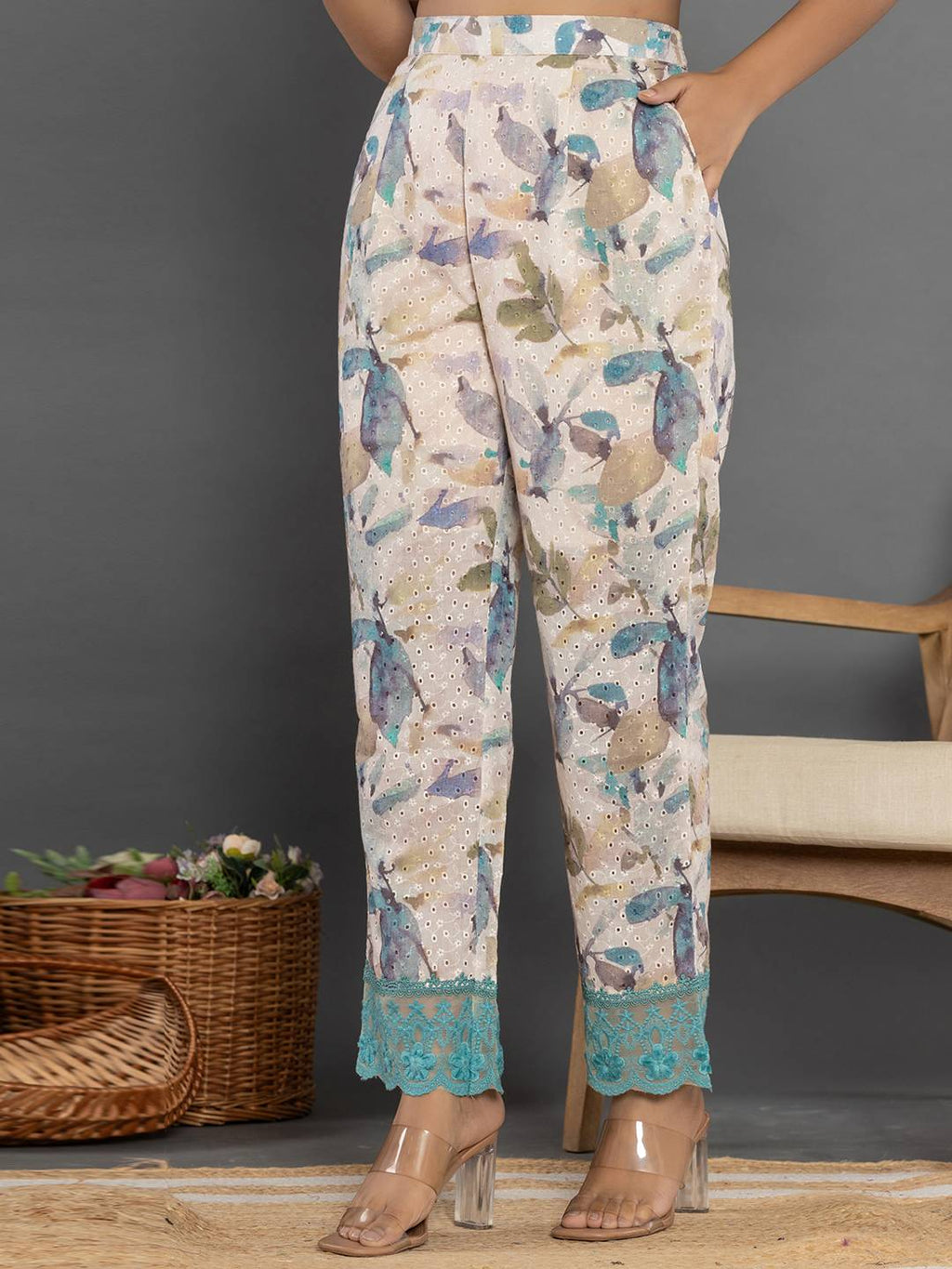 Yufta Turquoise Blue Cotton Schiffli Co-Ord Set With Lace | Grocsy