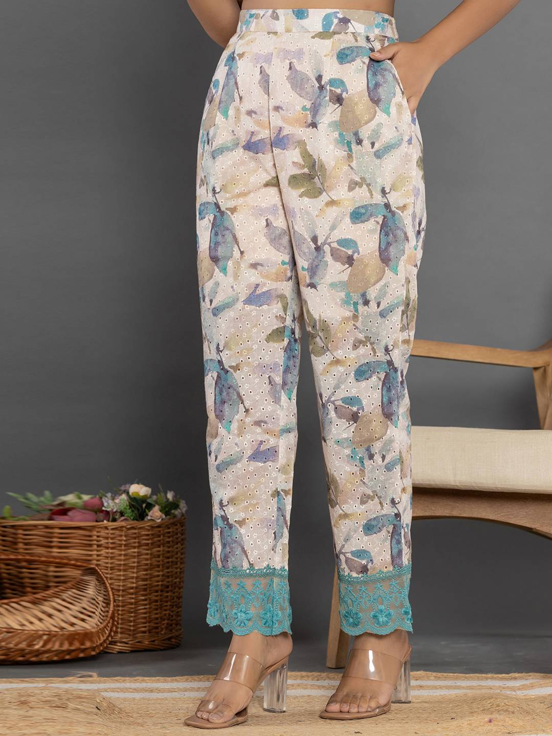Yufta Turquoise Blue Cotton Schiffli Co-Ord Set With Lace | Grocsy