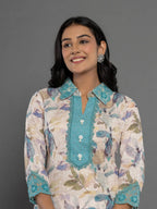 Yufta Turquoise Blue Cotton Schiffli Co-Ord Set With Lace | Grocsy