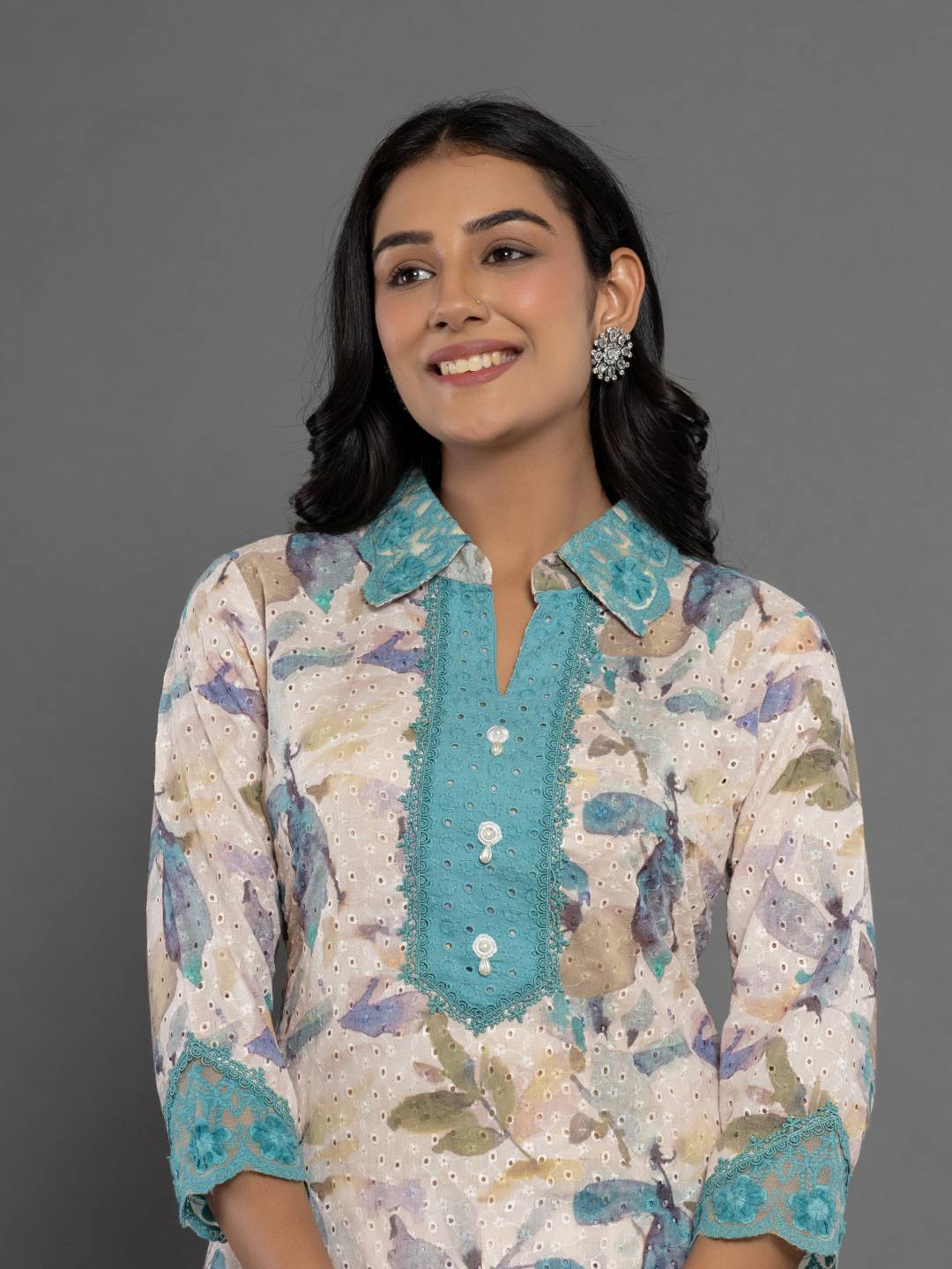 Yufta Turquoise Blue Cotton Schiffli Co-Ord Set With Lace | Grocsy
