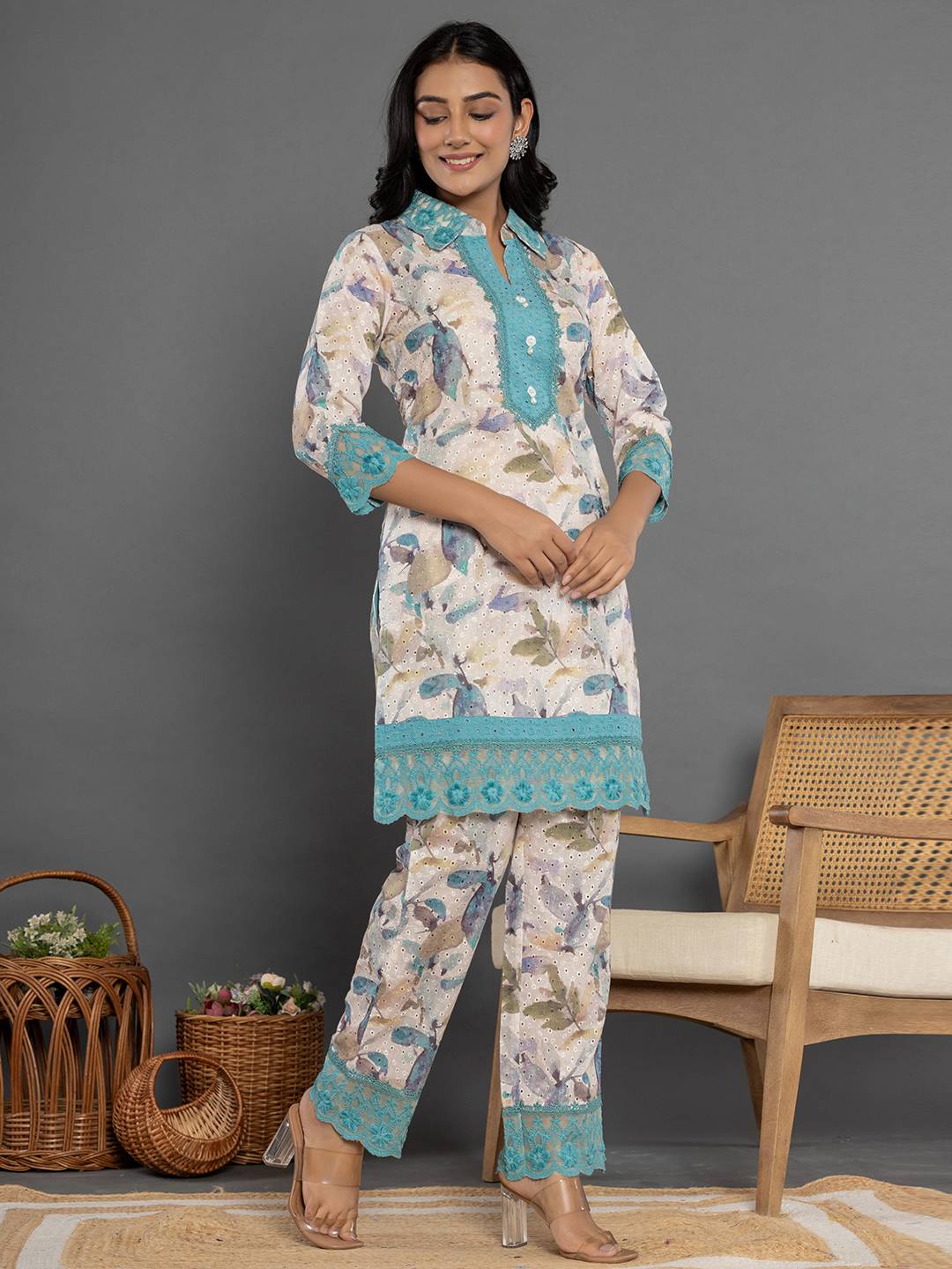 Yufta Turquoise Blue Cotton Schiffli Co-Ord Set With Lace | Grocsy