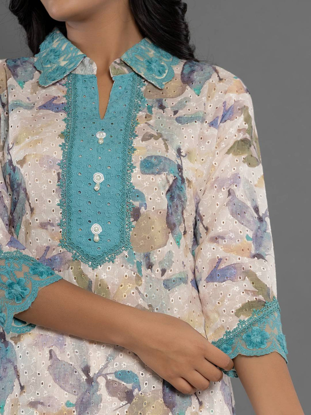 Yufta Turquoise Blue Cotton Schiffli Co-Ord Set With Lace | Grocsy