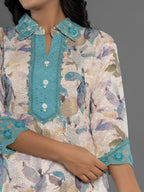 Yufta Turquoise Blue Cotton Schiffli Co-Ord Set With Lace | Grocsy