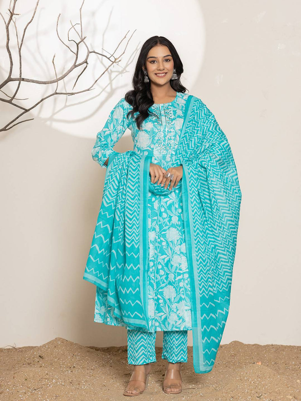 Yufta Turquoise Blue Floral Print Embroidery Cotton Anarkali Suit Set | Grocsy