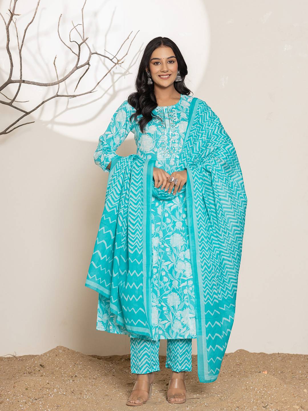 Yufta Turquoise Blue Floral Print Embroidery Cotton Anarkali Suit Set | Grocsy