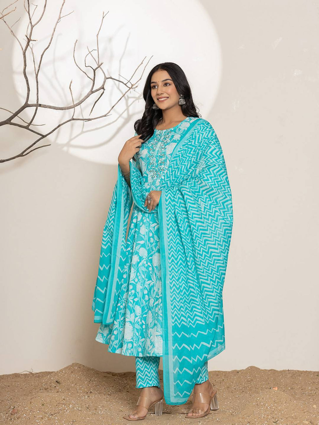 Yufta Turquoise Blue Floral Print Embroidery Cotton Anarkali Suit Set | Grocsy