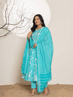 Yufta Turquoise Blue Floral Print Embroidery Cotton Anarkali Suit Set | Grocsy