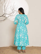 Yufta Turquoise Blue Floral Print Embroidery Cotton Anarkali Suit Set | Grocsy