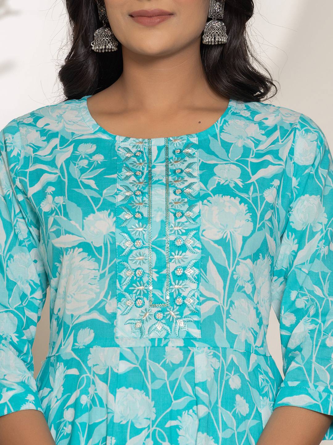 Yufta Turquoise Blue Floral Print Embroidery Cotton Anarkali Suit Set | Grocsy