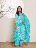 Yufta Turquoise Blue Floral Print Embroidery Cotton Anarkali Suit Set | Grocsy
