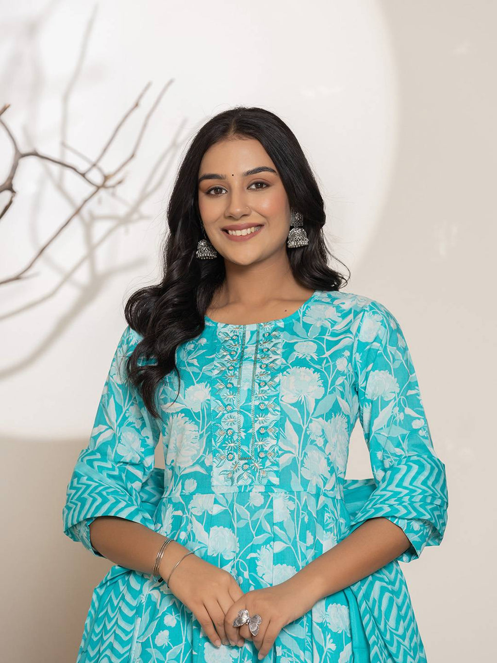 Yufta Turquoise Blue Floral Print Embroidery Cotton Anarkali Suit Set | Grocsy