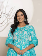Yufta Turquoise Blue Floral Print Embroidery Cotton Anarkali Suit Set | Grocsy