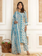Yufta Turquoise Blue Printed Pure Cotton Straight Kurta Dupatta Set | Grocsy
