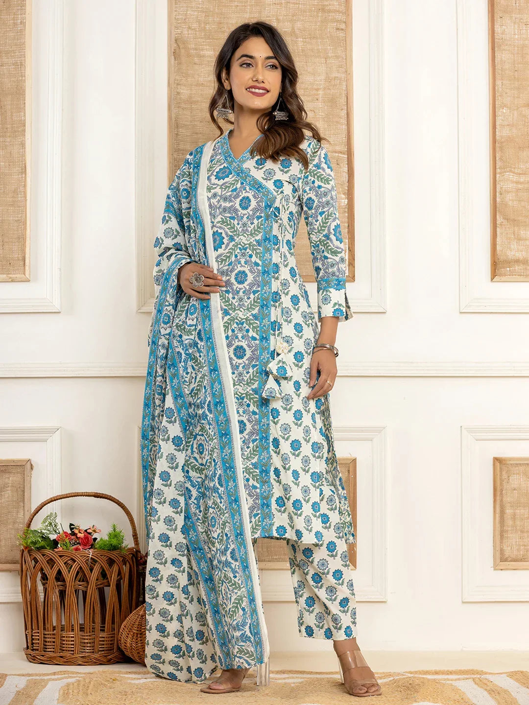 Yufta Turquoise Blue Printed Pure Cotton Straight Kurta Dupatta Set | Grocsy