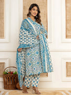 Yufta Turquoise Blue Printed Pure Cotton Straight Kurta Dupatta Set | Grocsy