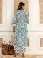 Yufta Turquoise Blue Printed Pure Cotton Straight Kurta Dupatta Set | Grocsy