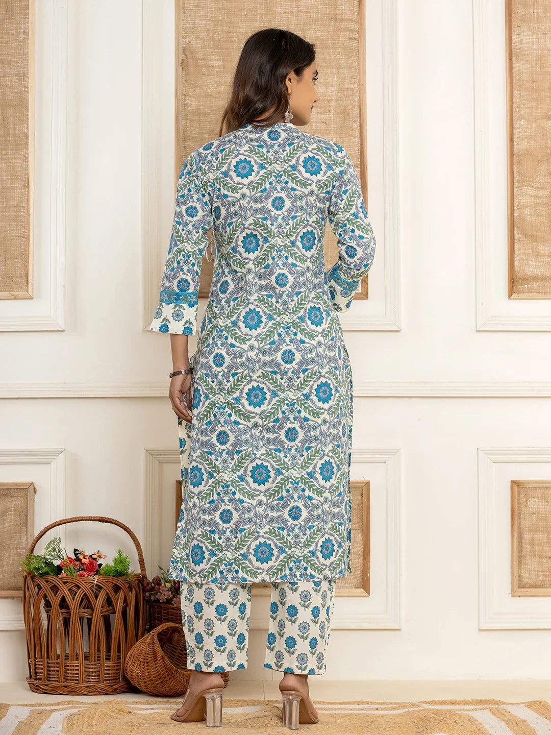Yufta Turquoise Blue Printed Pure Cotton Straight Kurta Dupatta Set | Grocsy