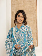 Yufta Turquoise Blue Printed Pure Cotton Straight Kurta Dupatta Set | Grocsy