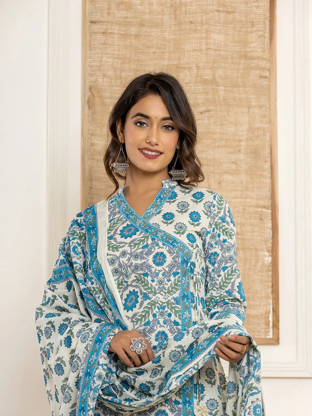 Yufta Turquoise Blue Printed Pure Cotton Straight Kurta Dupatta Set | Grocsy